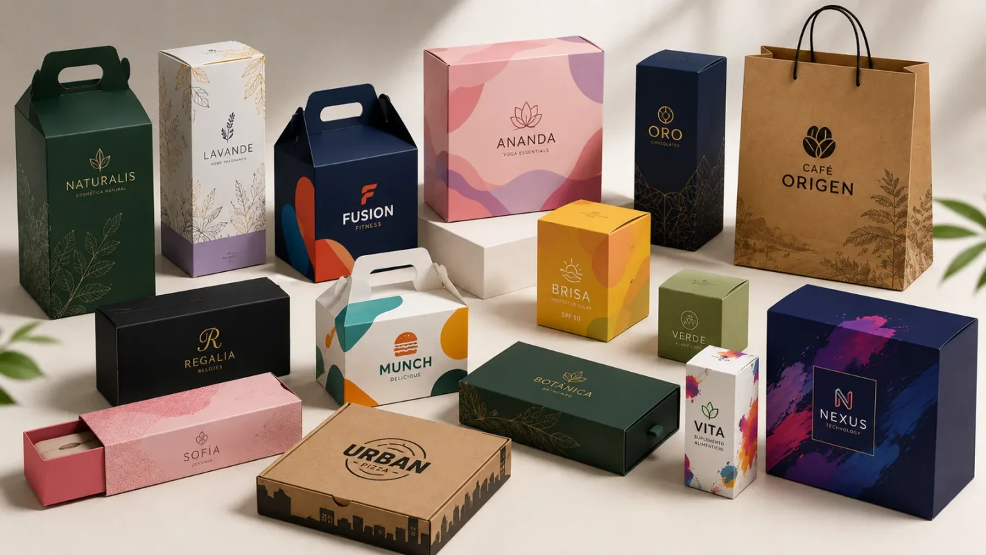 Banner de empaques personalizados con cajas plegadizas y bolsas de papel para diferentes sectores.