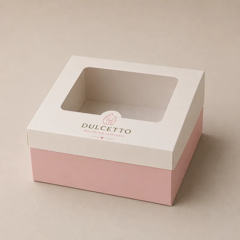 Caja rosada para repostería con ventana transparente y diseño premium para pastelerías