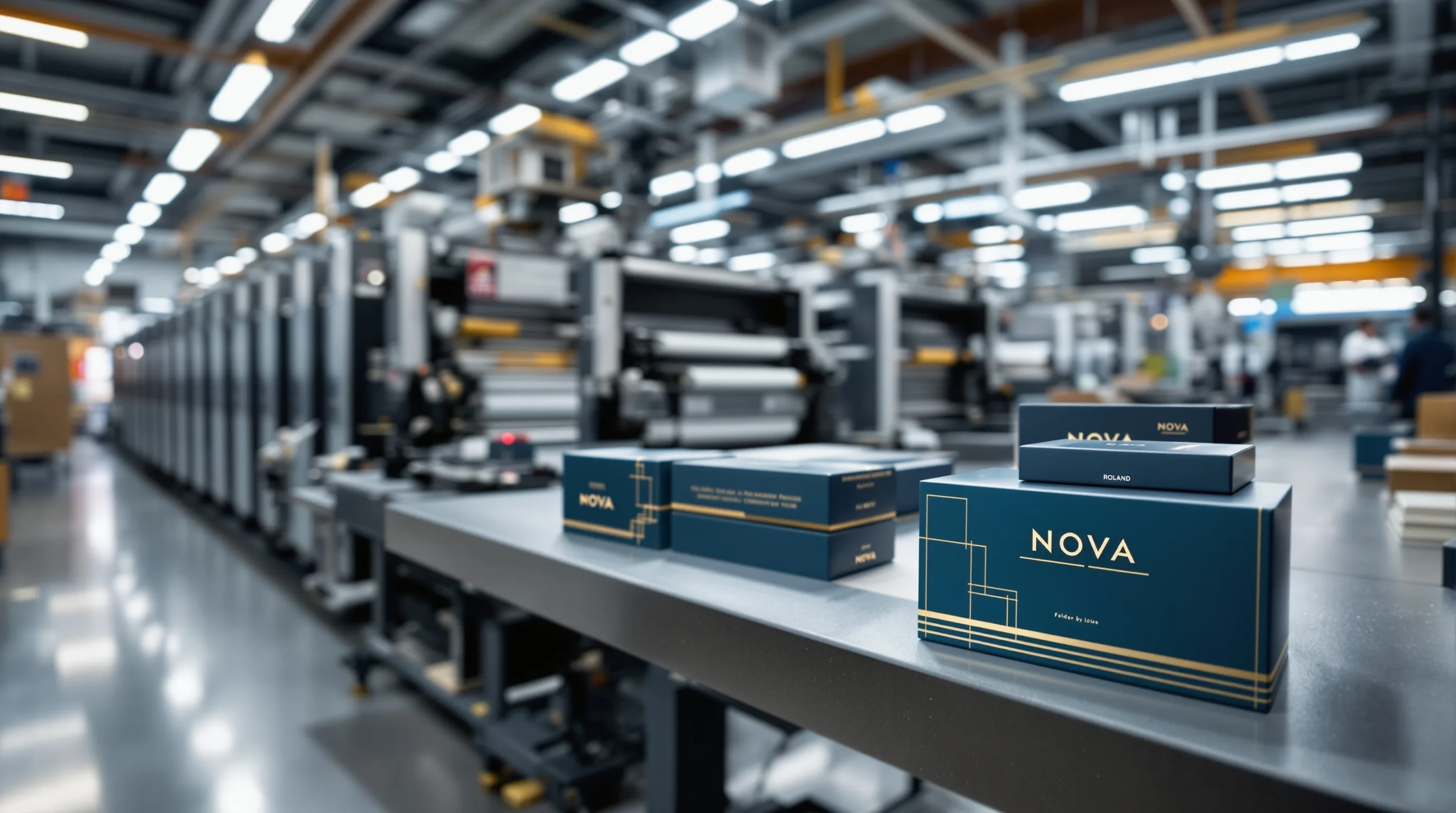 proveedor de empaques personalizados — planta de impresión offset con prensa Roland 700 y máquina plegadora en Colprinter