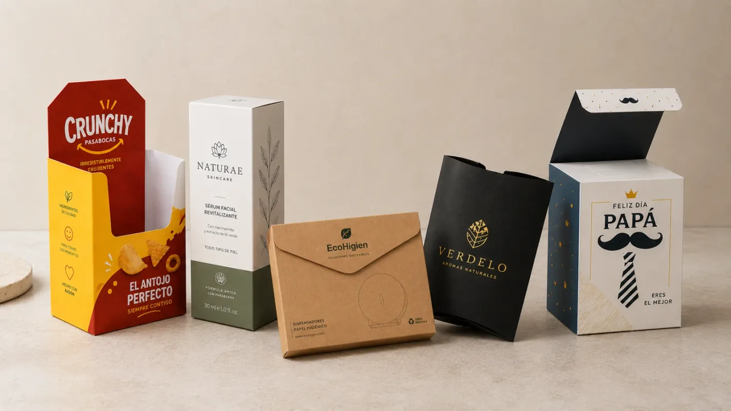 cajas plegadizas personalizadas para cosméticos, exhibición, mugs y empaques premium.