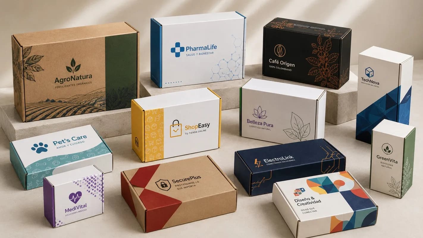 Muestrario de cajas microcorrugadas para sectores industrial, retail y farmacéutico.