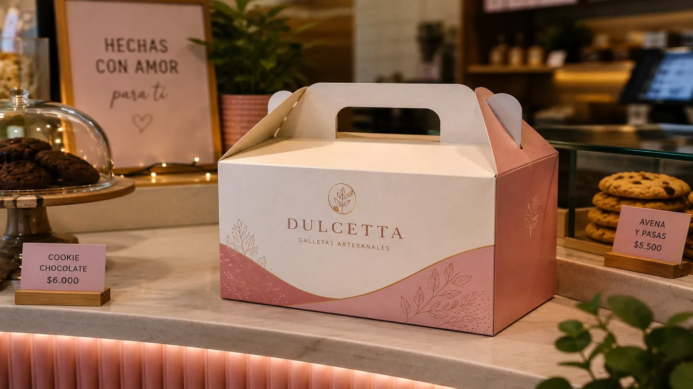 Caja tipo maletín para galletas con diseño premium en ambiente realista de cafetería.