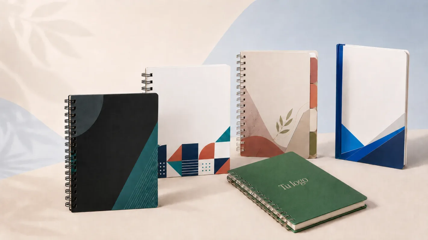 Cuadernos corporativos personalizados con diseños modernos y acabados profesionales en fotografía de producto.