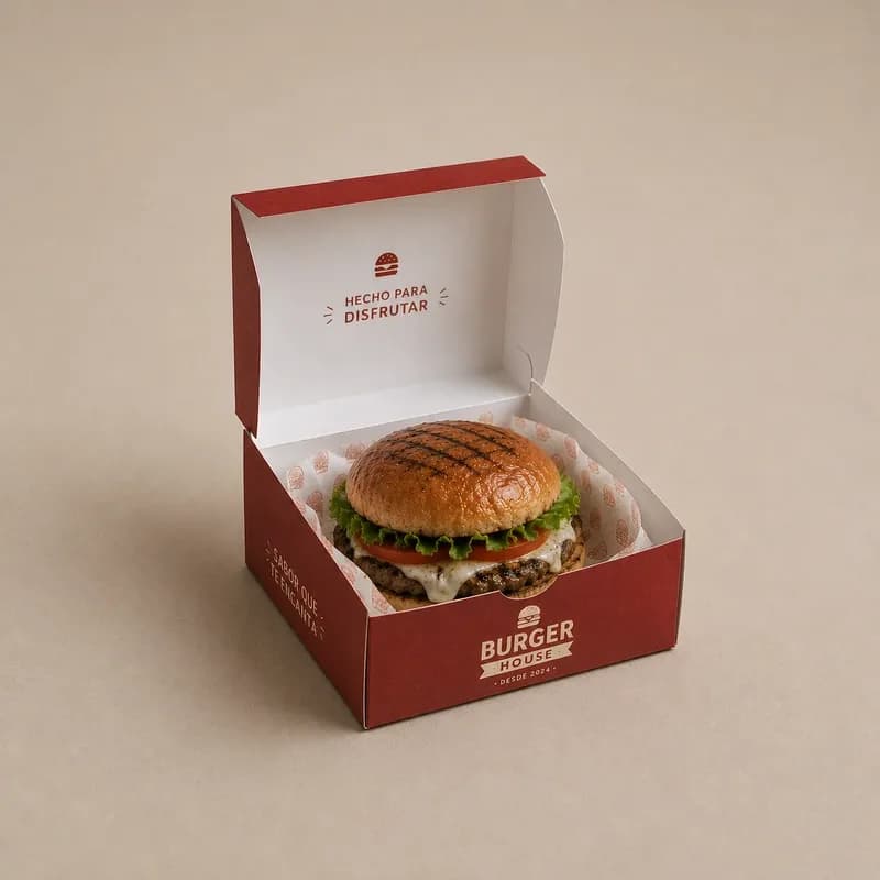 Caja para hamburguesa personalizada con impresión premium para restaurantes y marcas food service
