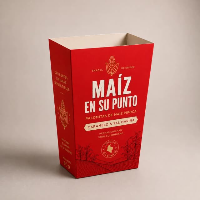 Caja premium de palomitas con diseño rojo inspirado en maíz colombiano y estilo artesanal moderno.
