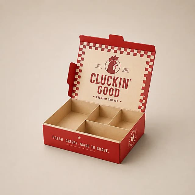 Caja para alimentos personalizada con divisiones internas y diseño tipo fast food, ideal para restaurantes y domicilios.