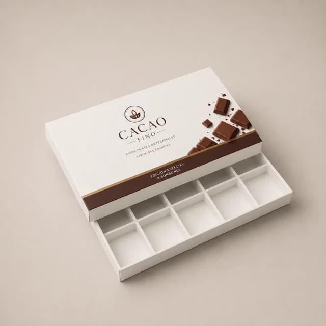 Caja premium para chocolates personalizada con bandeja interior y diseño elegante.
