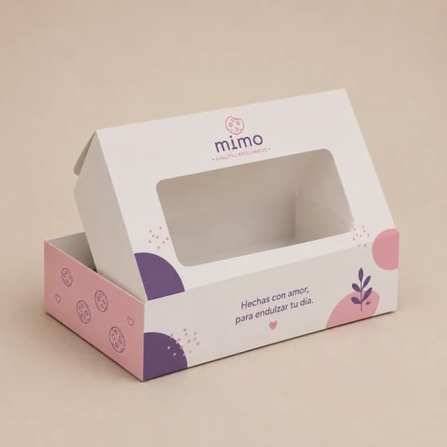 Caja para galletas con ventanilla transparente y diseño personalizado.