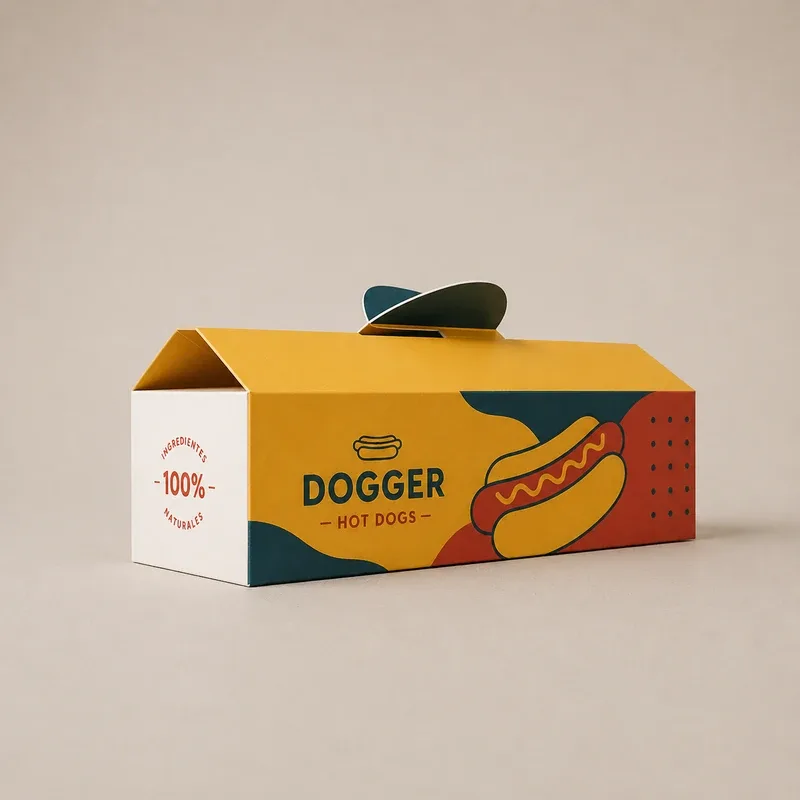 caja para perro caliente personalizada con diseño colorido y cierre central tipo pestaña.