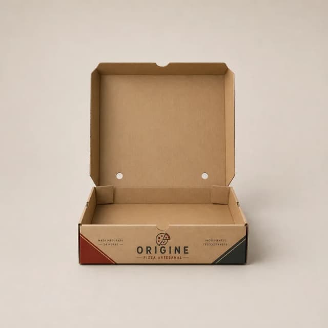 Caja de pizza microcorrugada personalizada con diseño kraft e impresión corporativa para negocios gastronómicos modernos B2B.