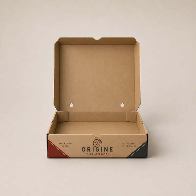 Caja de pizza microcorrugada personalizada con diseño kraft e impresión corporativa para negocios gastronómicos modernos B2B.