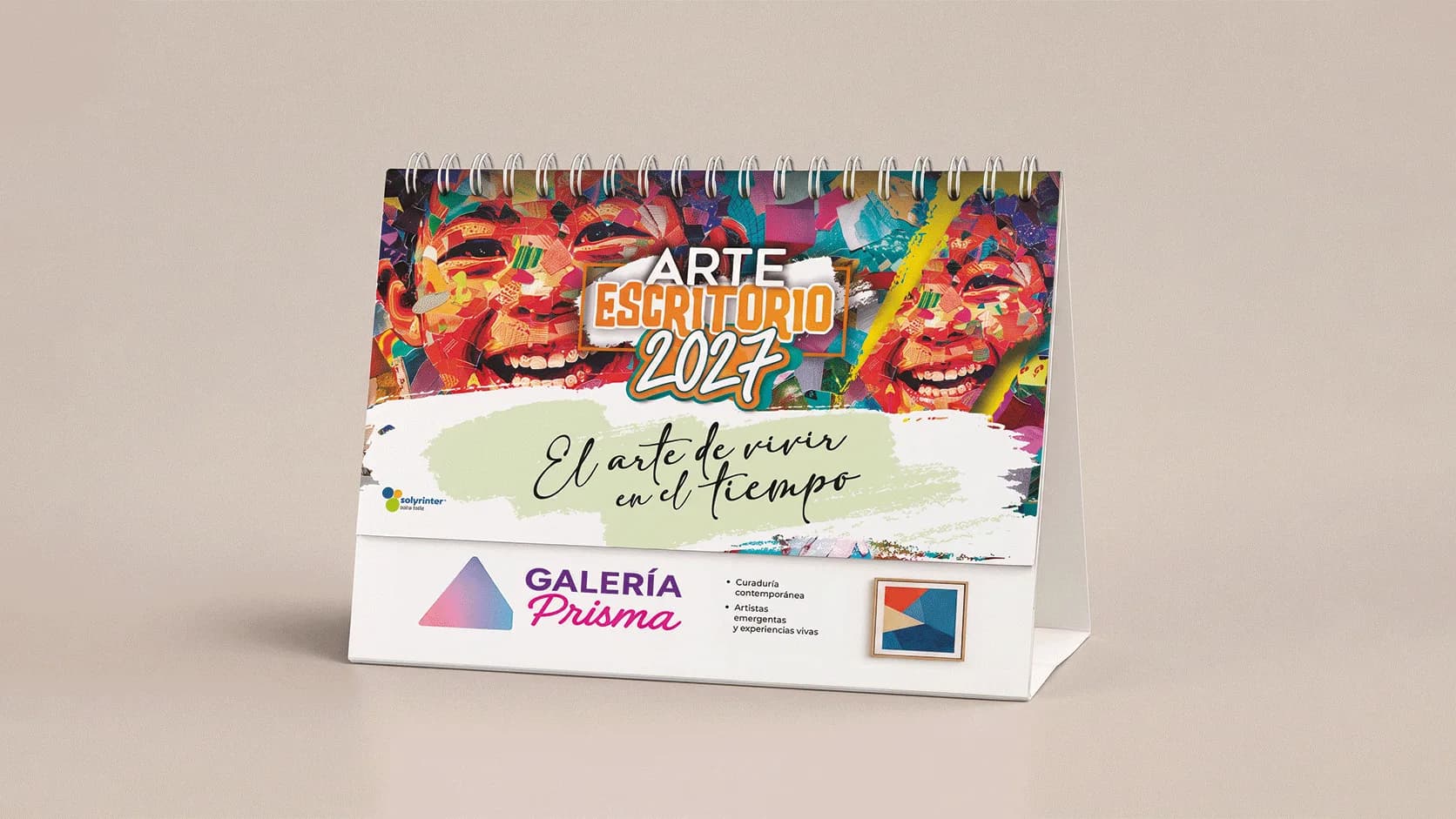 Calendario de escritorio ejecutivo con temática de arte y espacio publicitario personalizable para empresas.