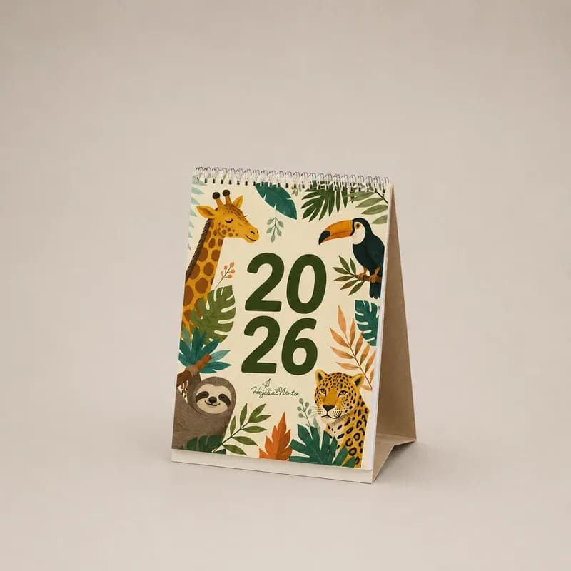 Calendario de escritorio alargado personalizado con ilustración de fauna tropical y doble anillo, sobre fondo neutro.