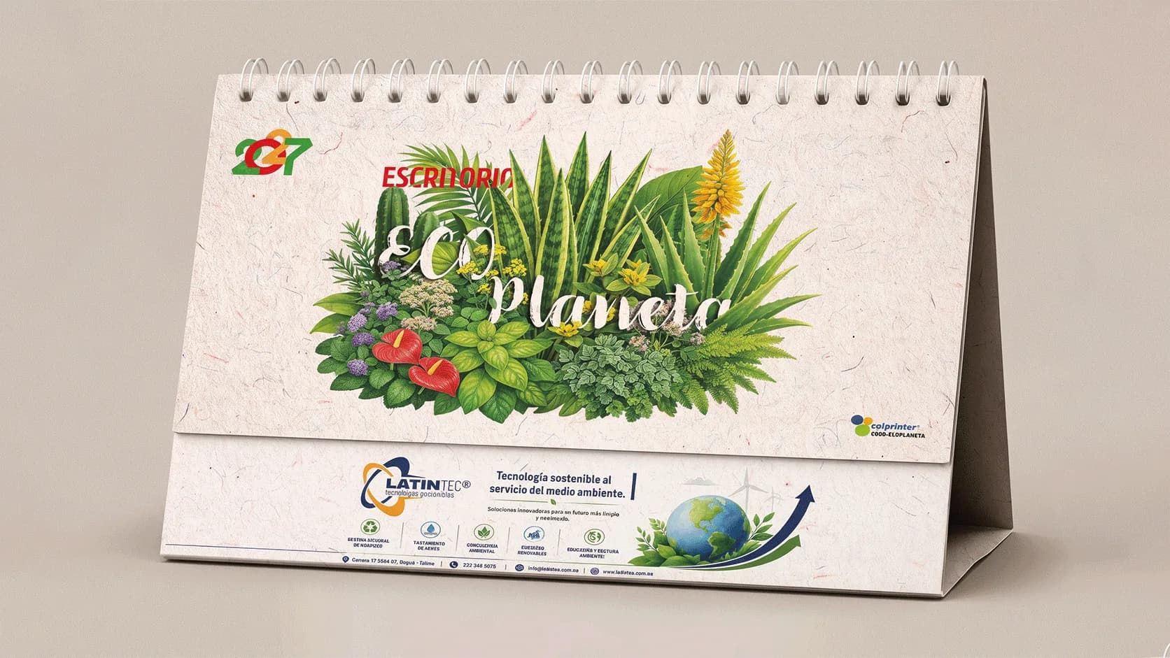 Calendario de escritorio Ecoplaneta con diseño botánico, plantas ilustradas y espacio publicitario personalizado.