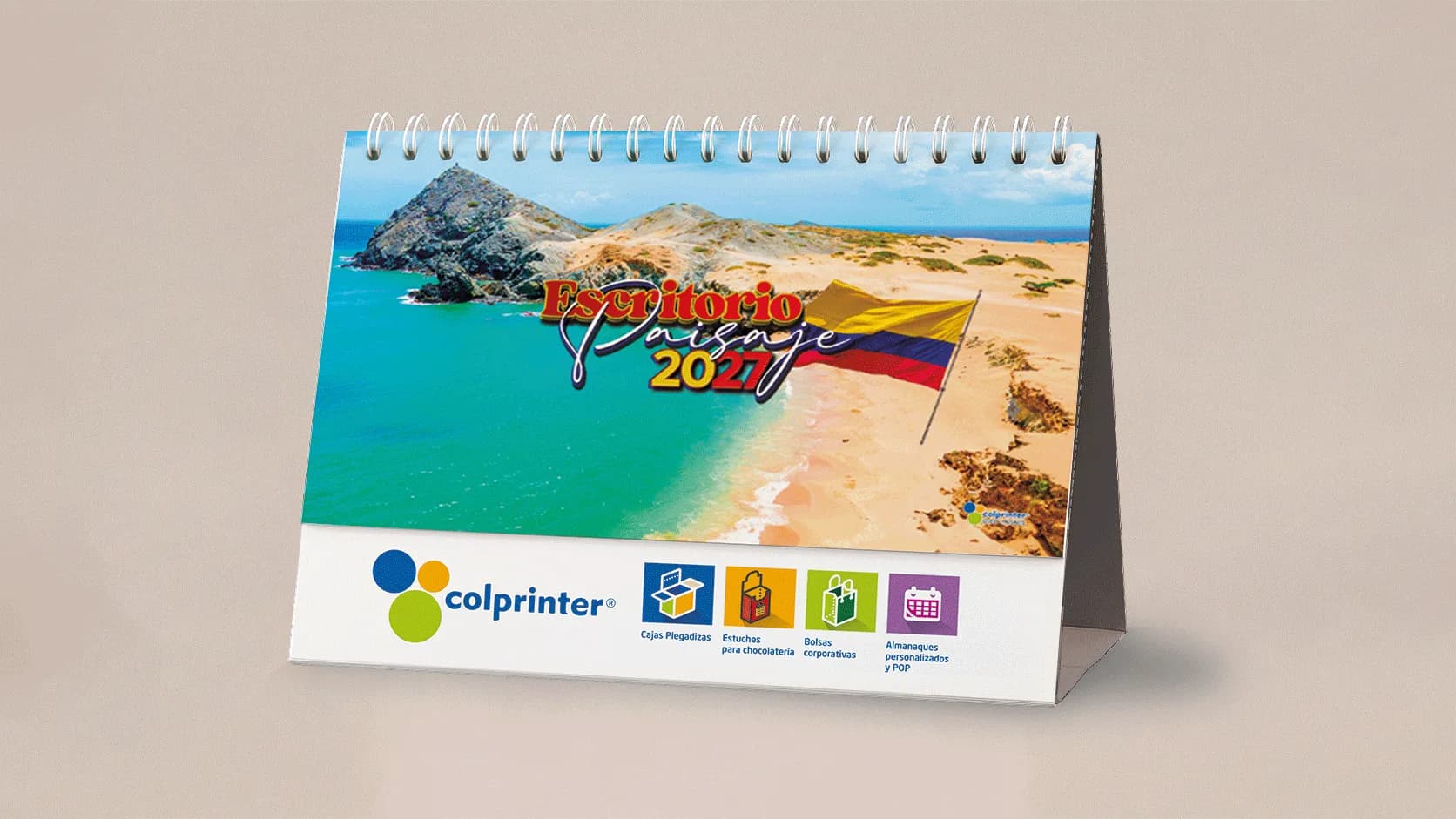 Calendario de escritorio Paisajes Colombianos con imagen de un pueblo tradicional y espacio publicitario personalizado.