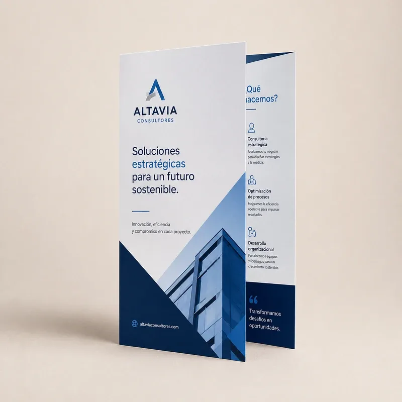 Folleto corporativo personalizado con diseño moderno y acabado profesional mate.